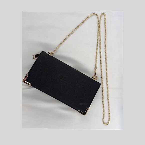 Elegant Black Faux Leather Chain Clutch / Shoulder Bag with Gold Accents - Picture 2 of 7